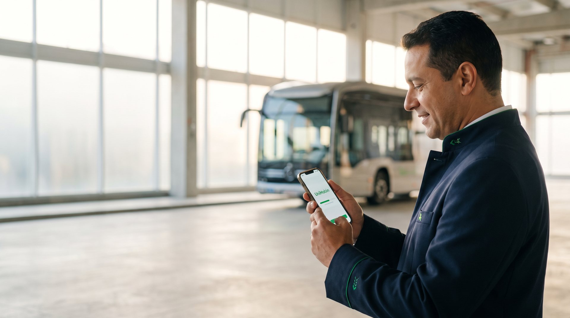 Motorista usando a plataforma UniMobin na garagem